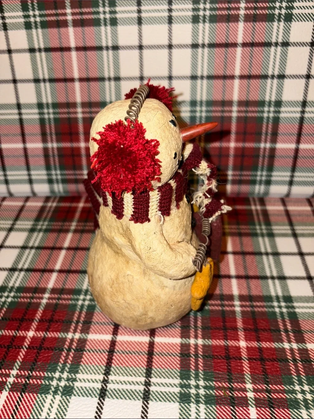 Handcrafted Primitive Holiday Snowman Figurine with Red Accents